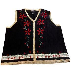Studio Joy Christmas Sweater Vest 2X Ramie Cotton  Poinsettias Black Red Gold